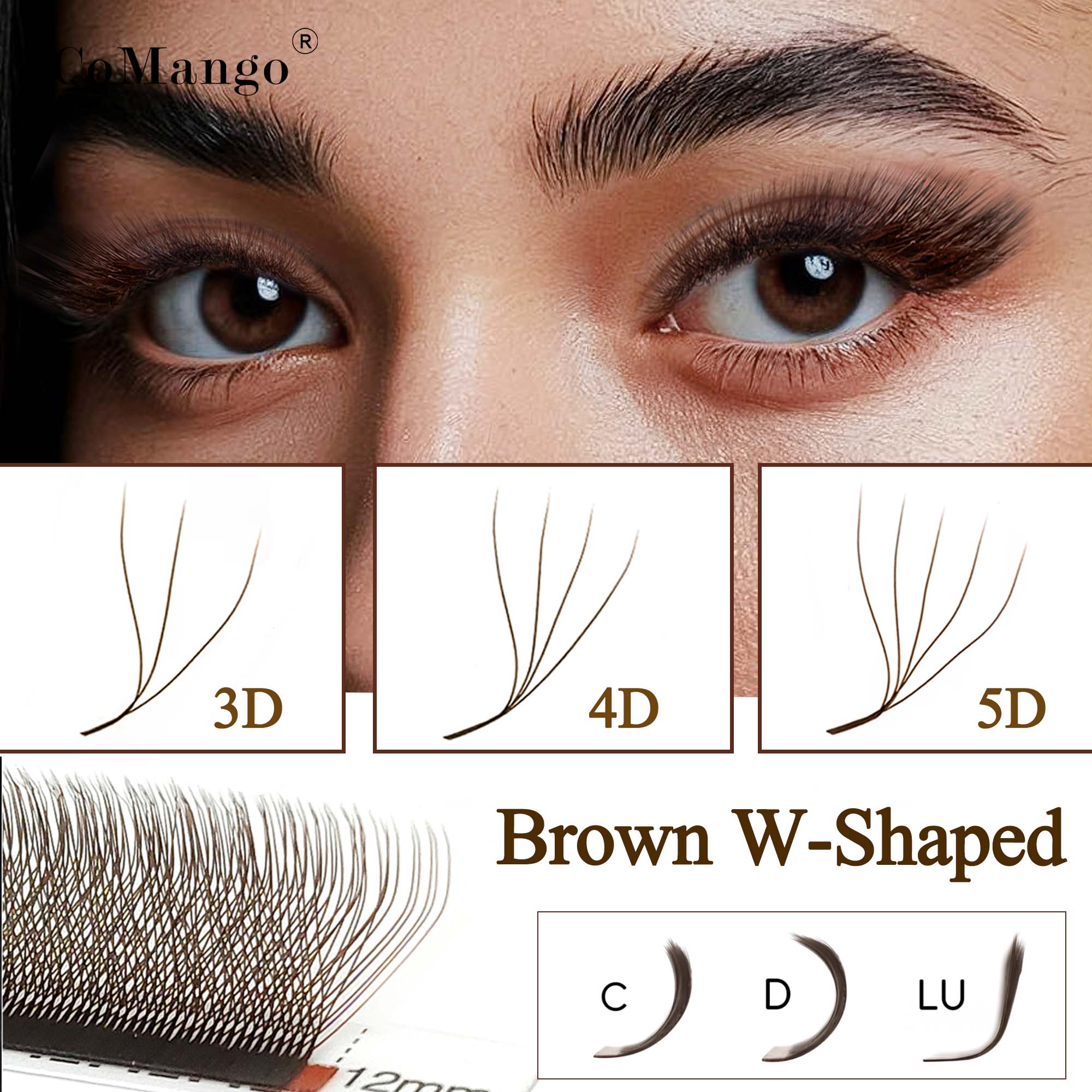 Eyelash Extension Volume Styles - CoMango C/D/LU bruine 3D/4D/5D W-vormige wimperextensions,